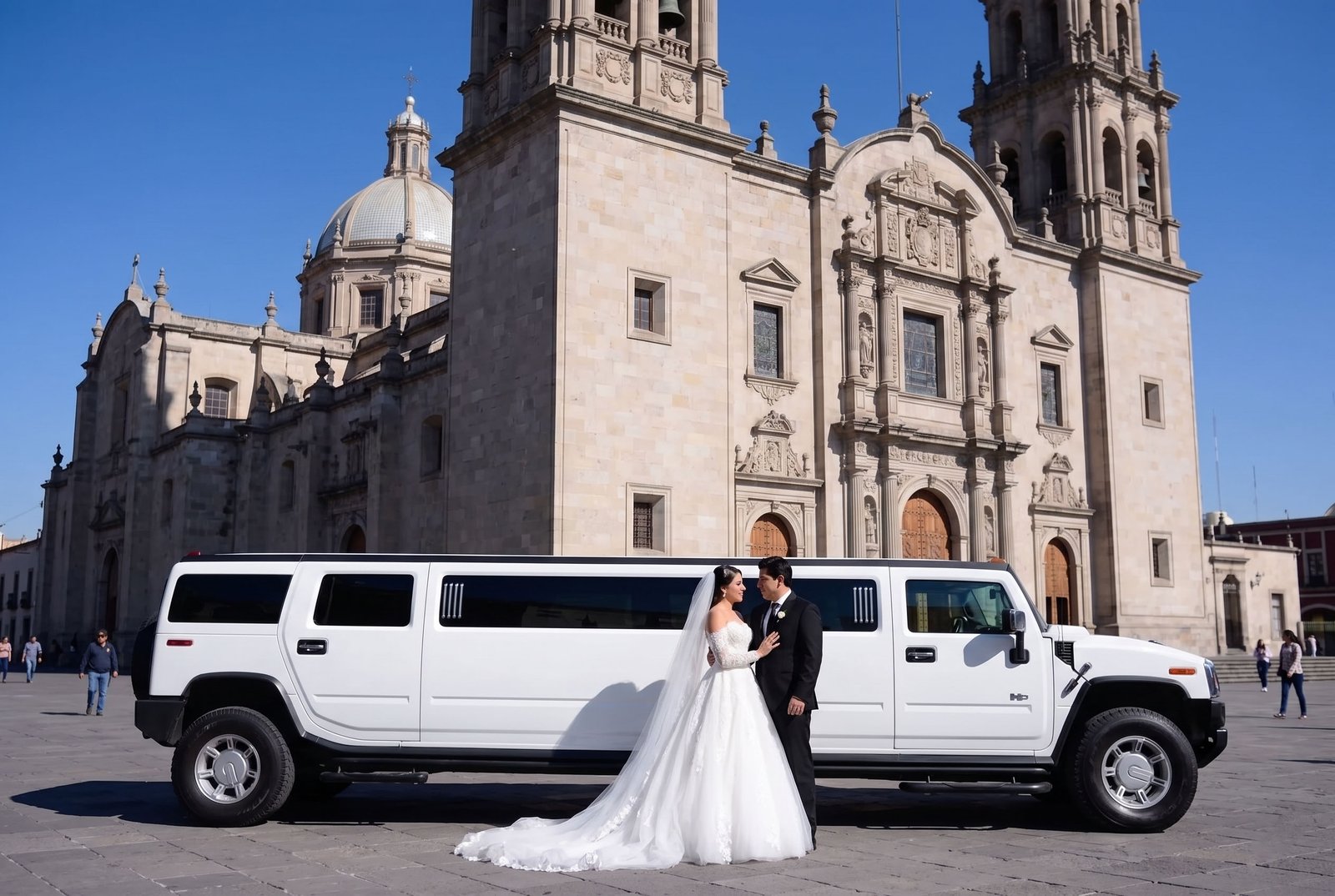 Pareja de recien casados en un recorrido por limusina en las afueras de la catedral de Toluca