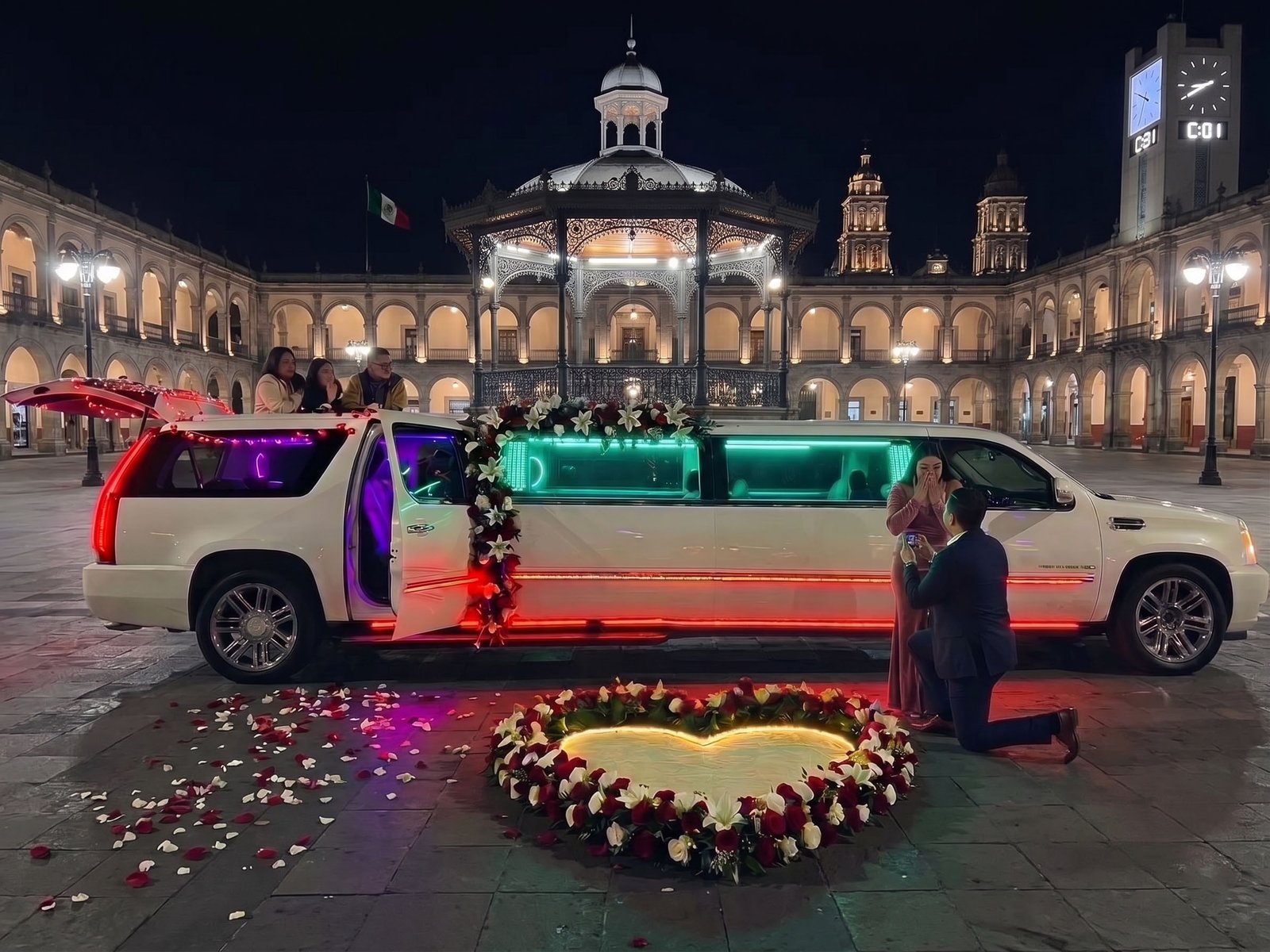 Pedida de matrimonio en un recorrido de limusina sobre la Plaza González Arratia