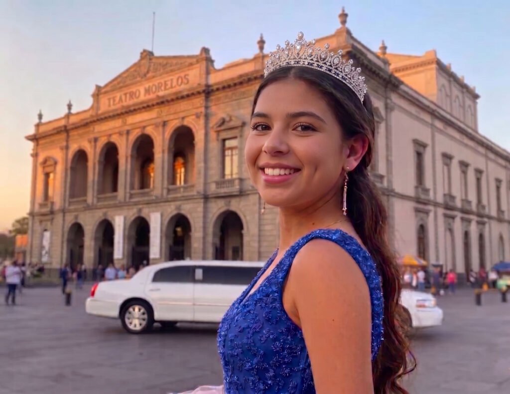 Quinceañera en una limusina sedan blanca en el teatro morelos de Toluca
