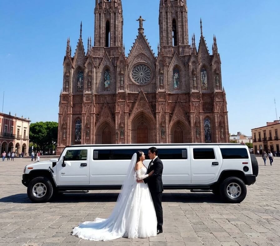 Pareja de recien casados en un recorrido por limosina afuera de la Catedral Metropolitana de Chihuahua