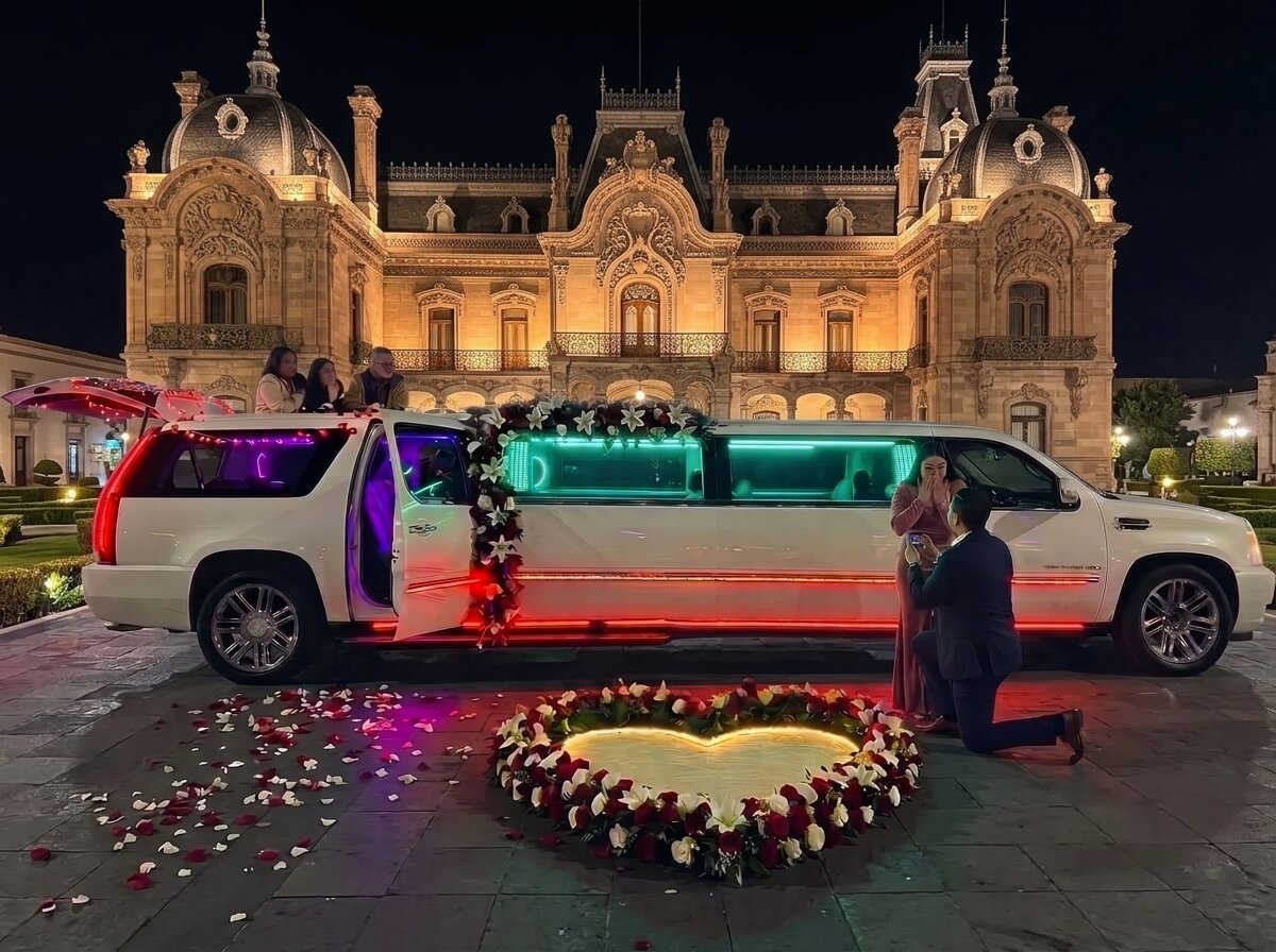Pedida de matrimonio con limusina afuera de el Centro Cultural Quinta Gameros