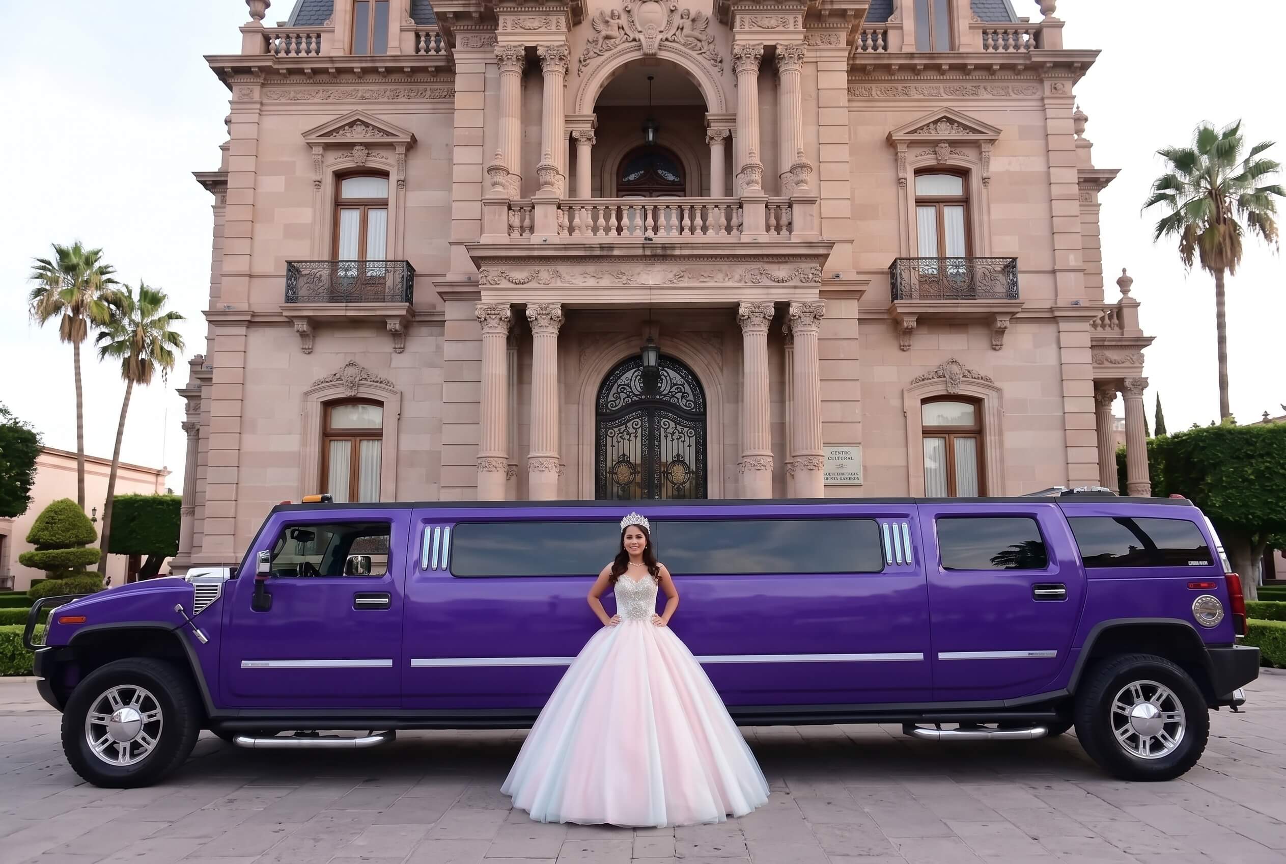 Quinceañera en un recorrido en limusina por chihuahua visitando La Quinta Gameros