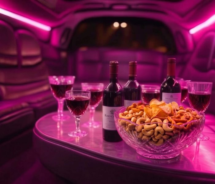 Interior de una limusina sedán con copas de vino y botanas